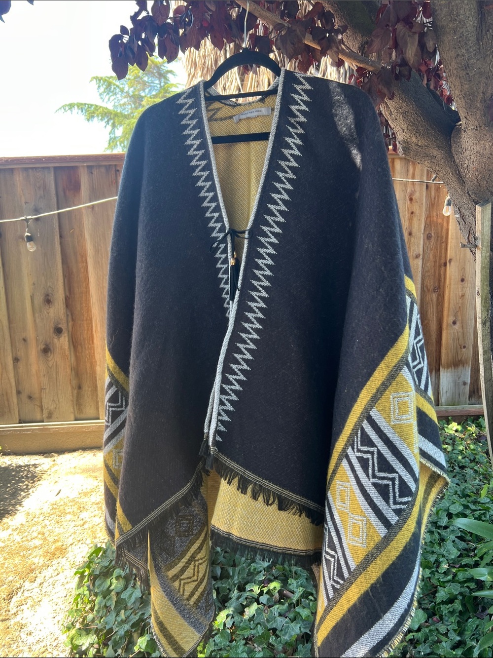 Mark New York Black & Mustard Geometric Poncho Cape with Fringe